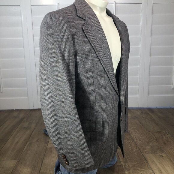 Vtg John Weitz Men's L Plaid Wool 2 Button Blazer Jacket Sport Coat Brown Tan - Picture 2 of 12